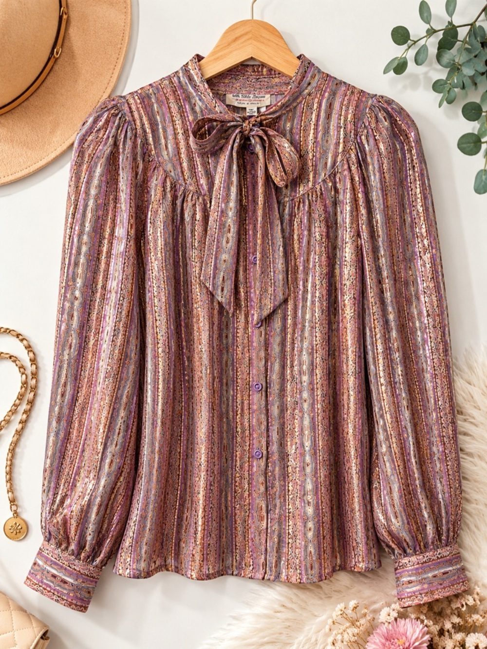 Vintage The Silk Farm by iCINOO 100% Silk Metallic Paisley Bow Blouse Size 4
